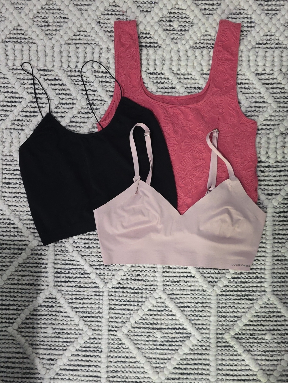 Various Brand 3-Pack Crop Bralette Set — Black, Dusty Rose, Pale Pink